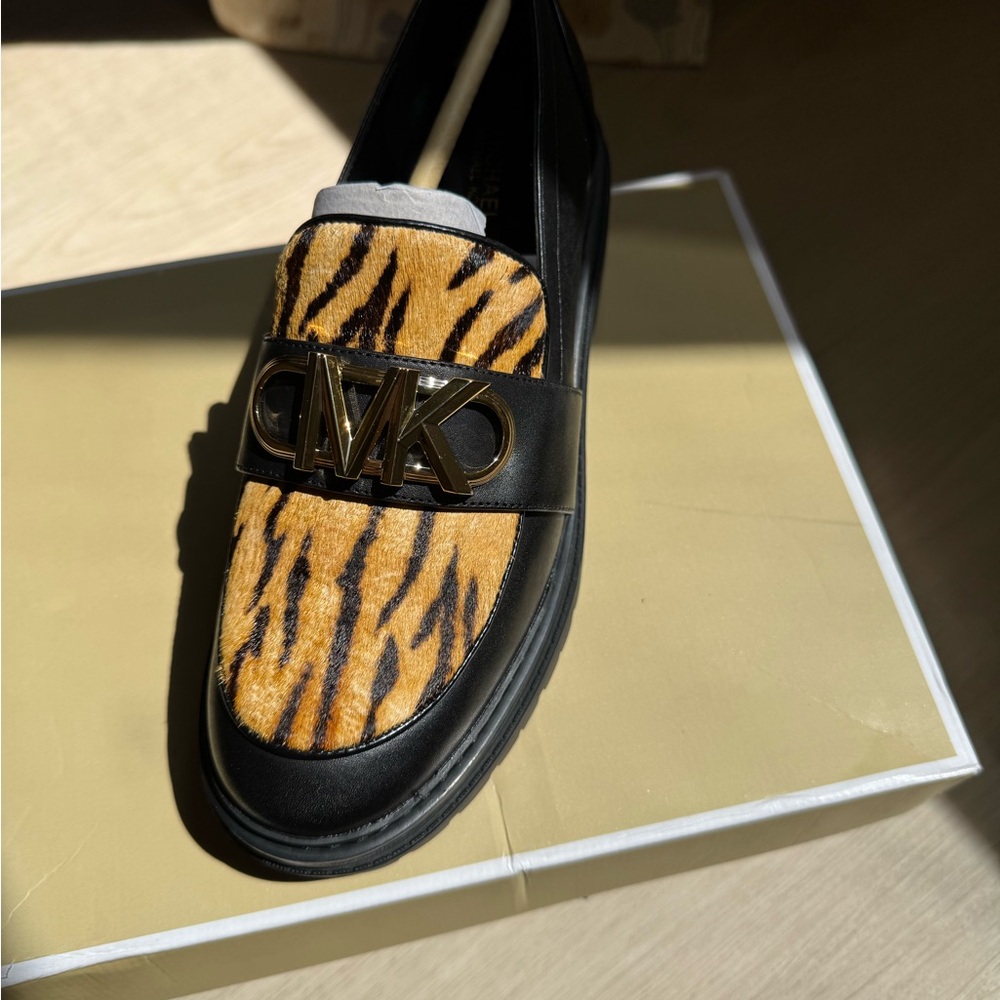 Michael Kors Black and Tiger Print Loafers